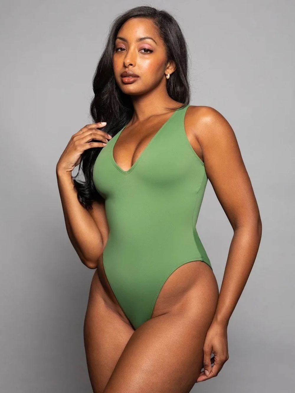 ТA3 Hi Cut Plungey Snatched Waist Lace Up Back Swimsuit Army Medium Regular Long